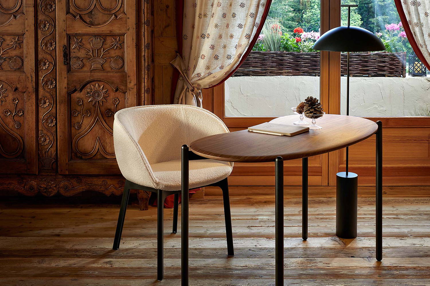 Charla dining chair in orsetto white fabric with the  Lunat Desk and Geen-A Floor Lamp