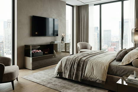 The 36e8 2137 glass dresser is pictured in a bedroom setting.