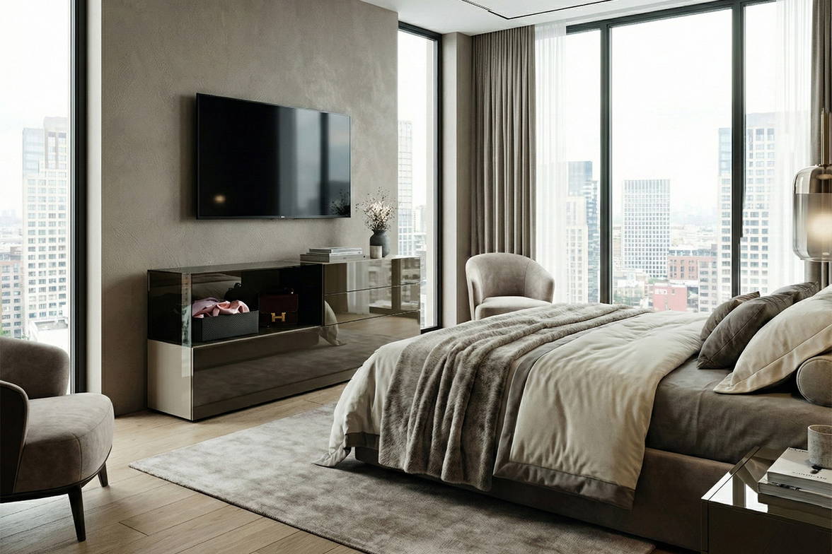 The 36e8 2137 glass dresser is pictured in a bedroom setting. The 36e8 2137 glass dresser is pictured in a bedroom setting.