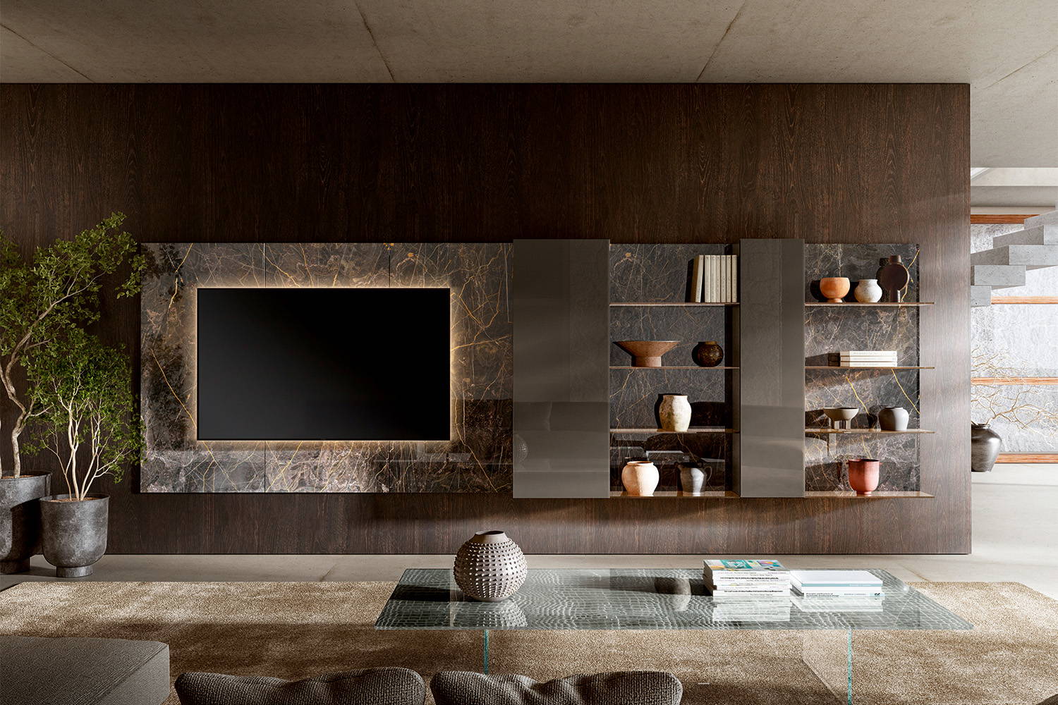 The 36e8 2156 Boiserie Wall Unit with an Air Xglass coffee table.