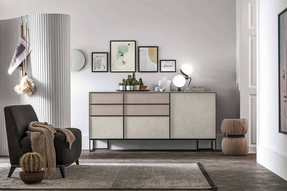 Vinci A05 sideboard with Loft chair and Guccini pouf