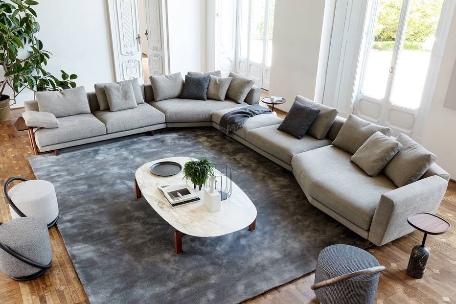 Abacus composition D sectional sofa with Coquet coffee table, Ekero end table, and Smile pouf by Porada