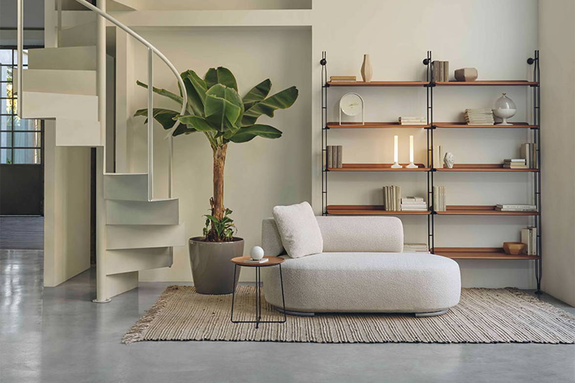 Adam wood shelving units with the K-Waiting Chaise and Goodnight Table Lamps Adam wood shelving units with the K-Waiting Chaise and Goodnight Table Lamps