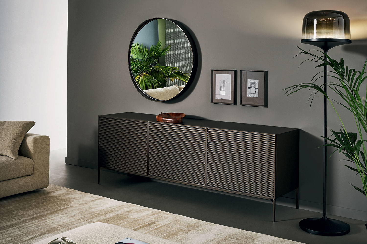 Adone mirror in a living room setting by Marconato & Zappa for Bonaldo