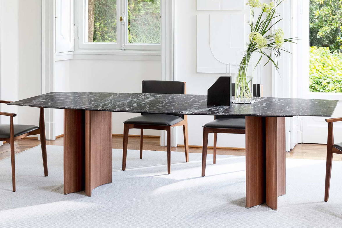 Alan double pedestal dining table with Ionis dining chairs by Porada Alan double pedestal dining table with Ionis dining chairs by Porada