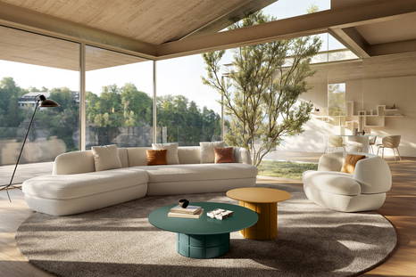 The Alberoni coffee and end table with the Biza sectional sofa and armchair.