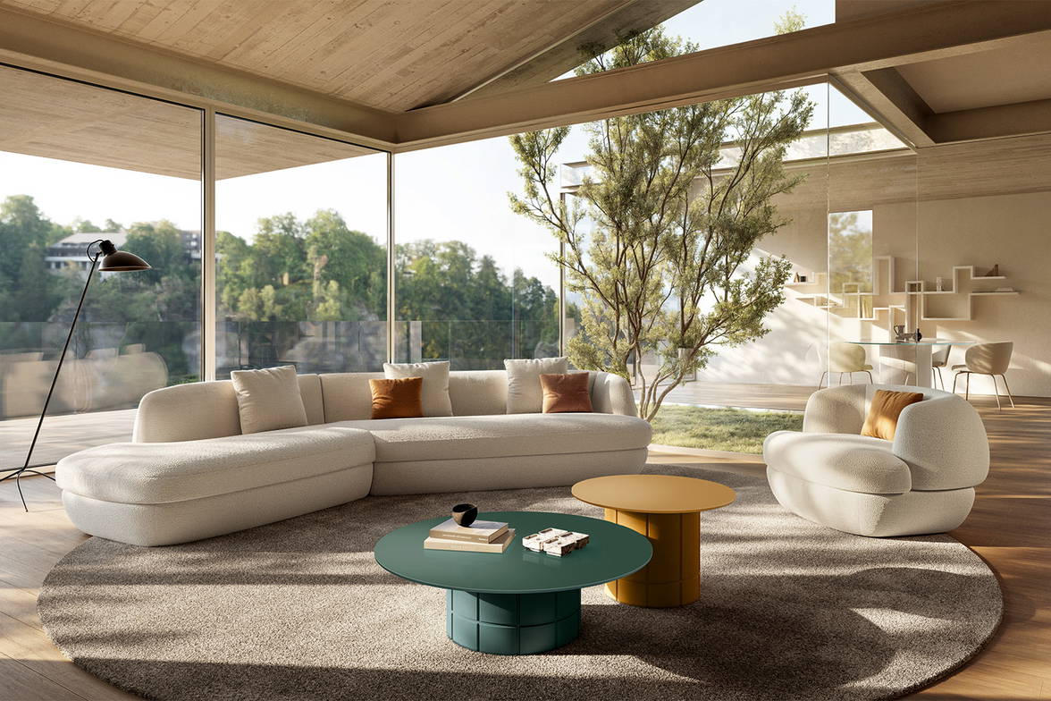 The Alberoni coffee and end table with the Biza sectional sofa and armchair. The Alberoni coffee and end table with the Biza sectional sofa and armchair.