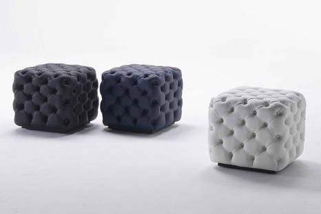 Alcide poufs, black, blue, and white, by Porada