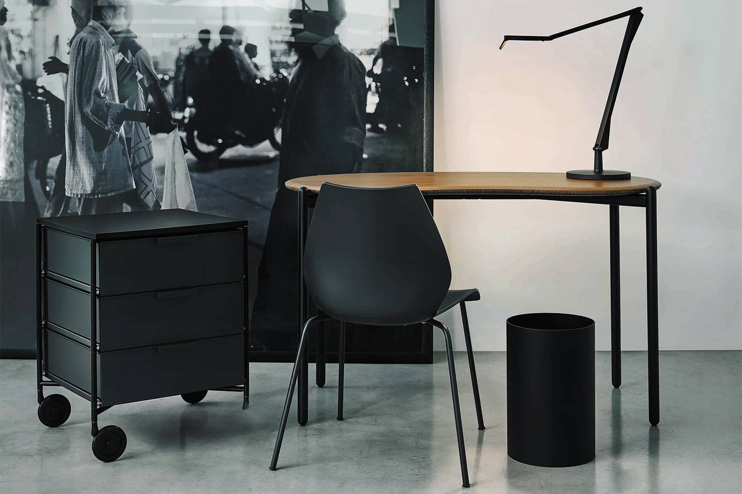Aledin Table Lamp quickship with the Maui dining chair and Lunat Desk