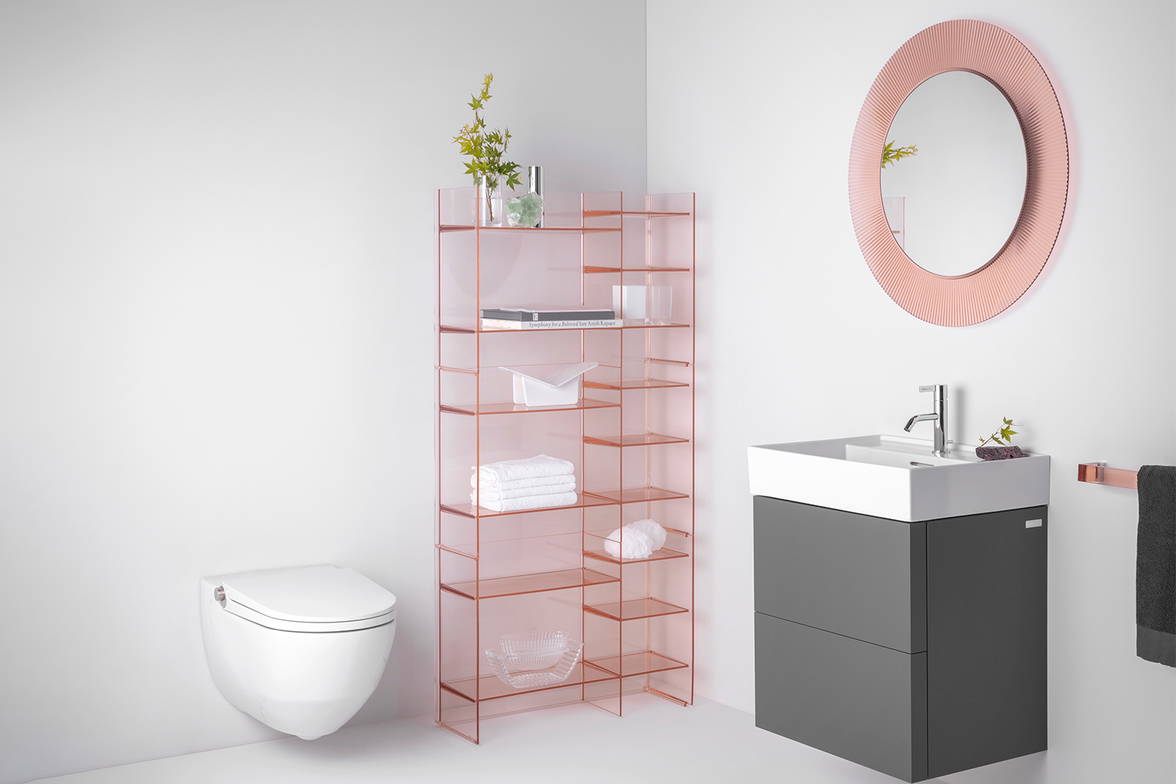 All Saints mirror in nude finish with the Sound-Rack Bookshelf Quickship washroom setting All Saints mirror in nude finish with the Sound-Rack Bookshelf Quickship washroom setting