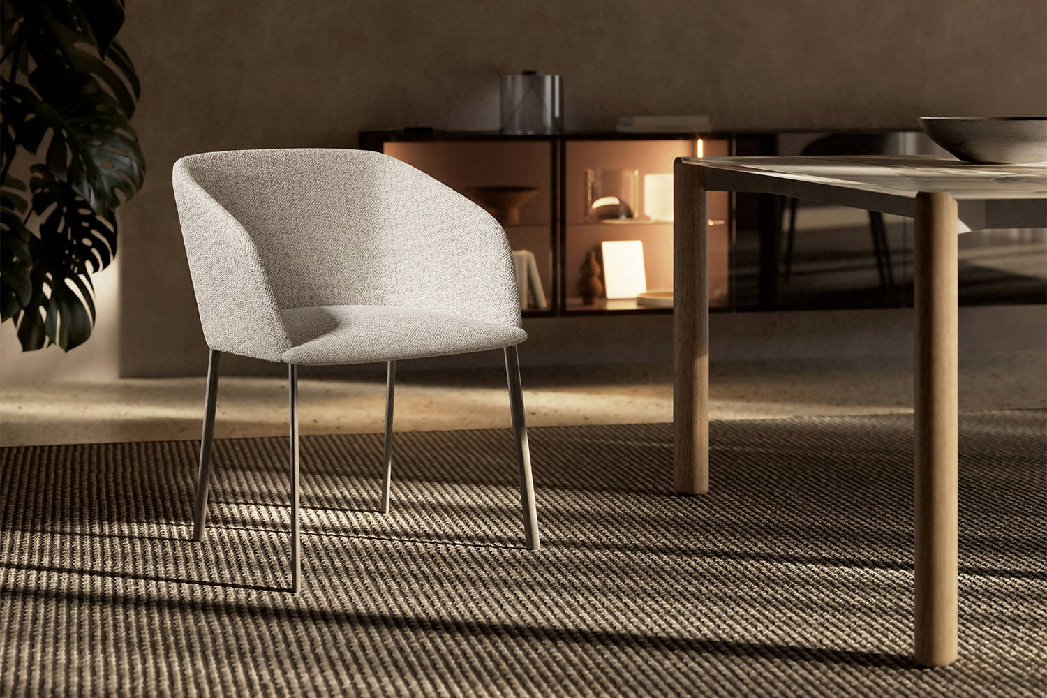 The Amida Dining Chair, barrel version, with the Correr Slim dining table/