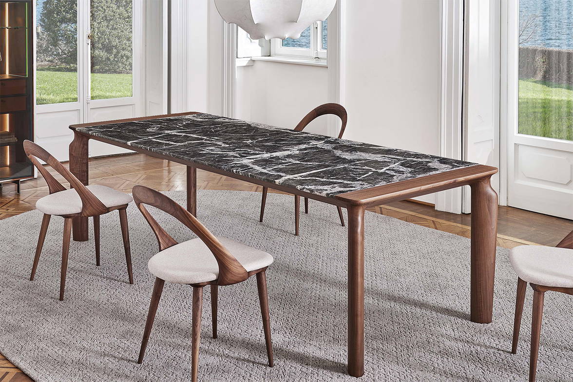 Amphora Dining Table with marble top and Canaletto walnut base. Amphora Dining Table with marble top and Canaletto walnut base.
