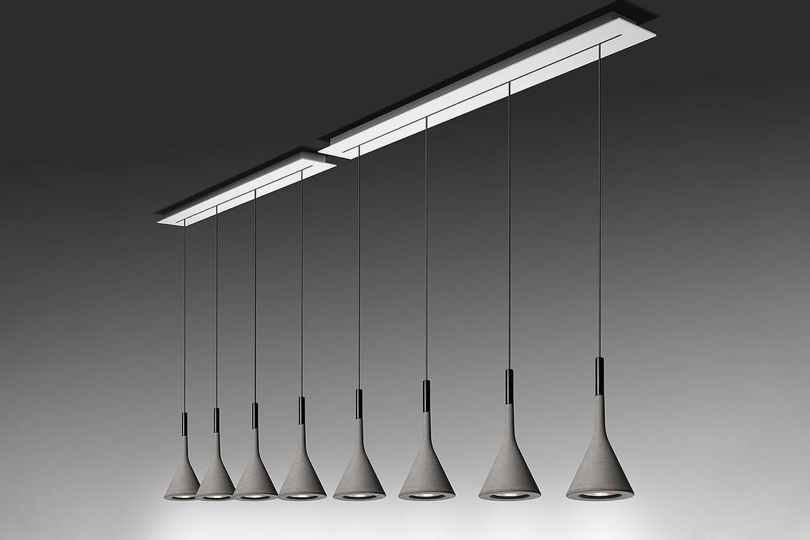 Aplomb linear suspension lights by Foscarini at an angle Aplomb linear suspension lights by Foscarini at an angle
