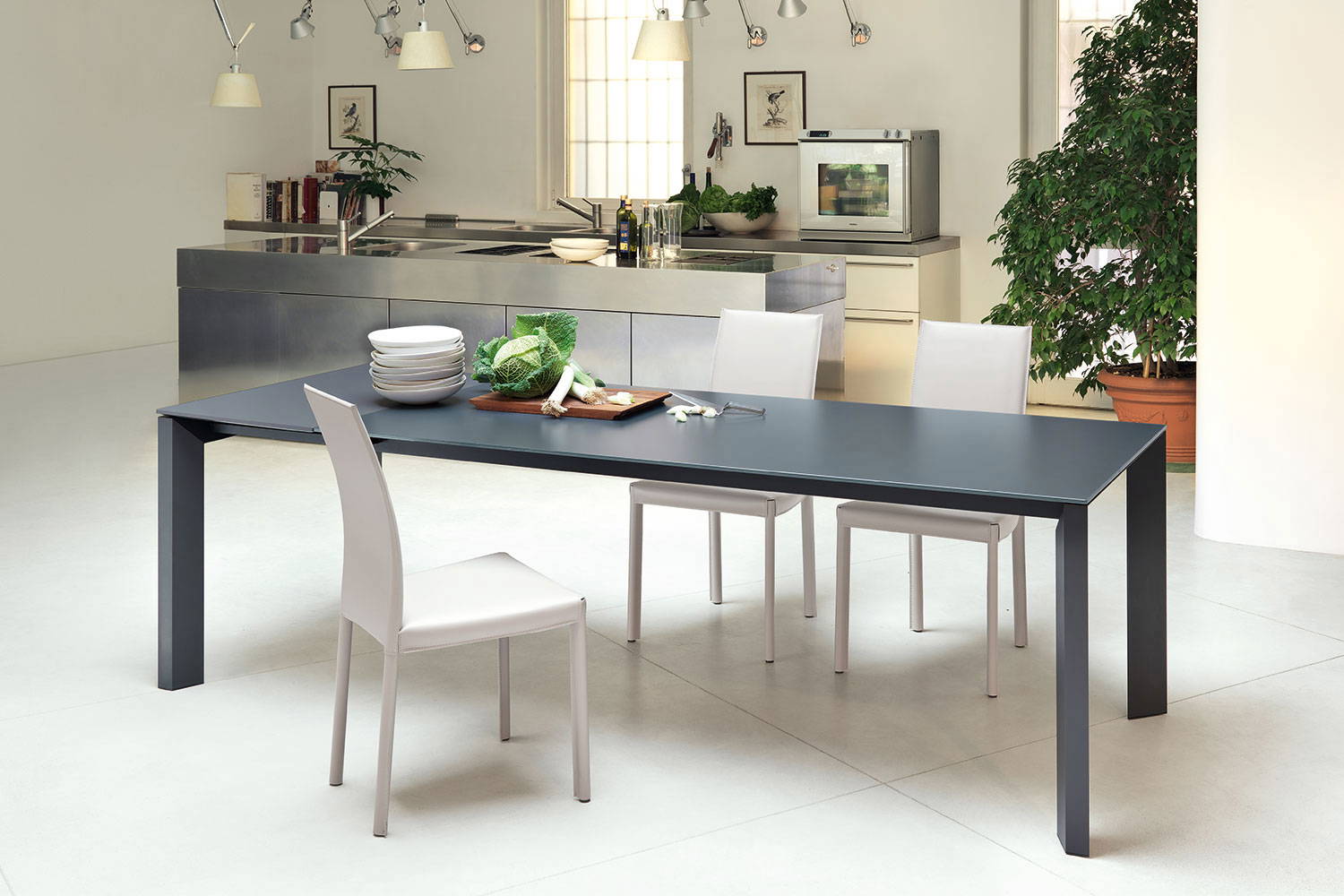 Apollo extension glass dining table with Silvy Hard Leather dining chairs by Midj