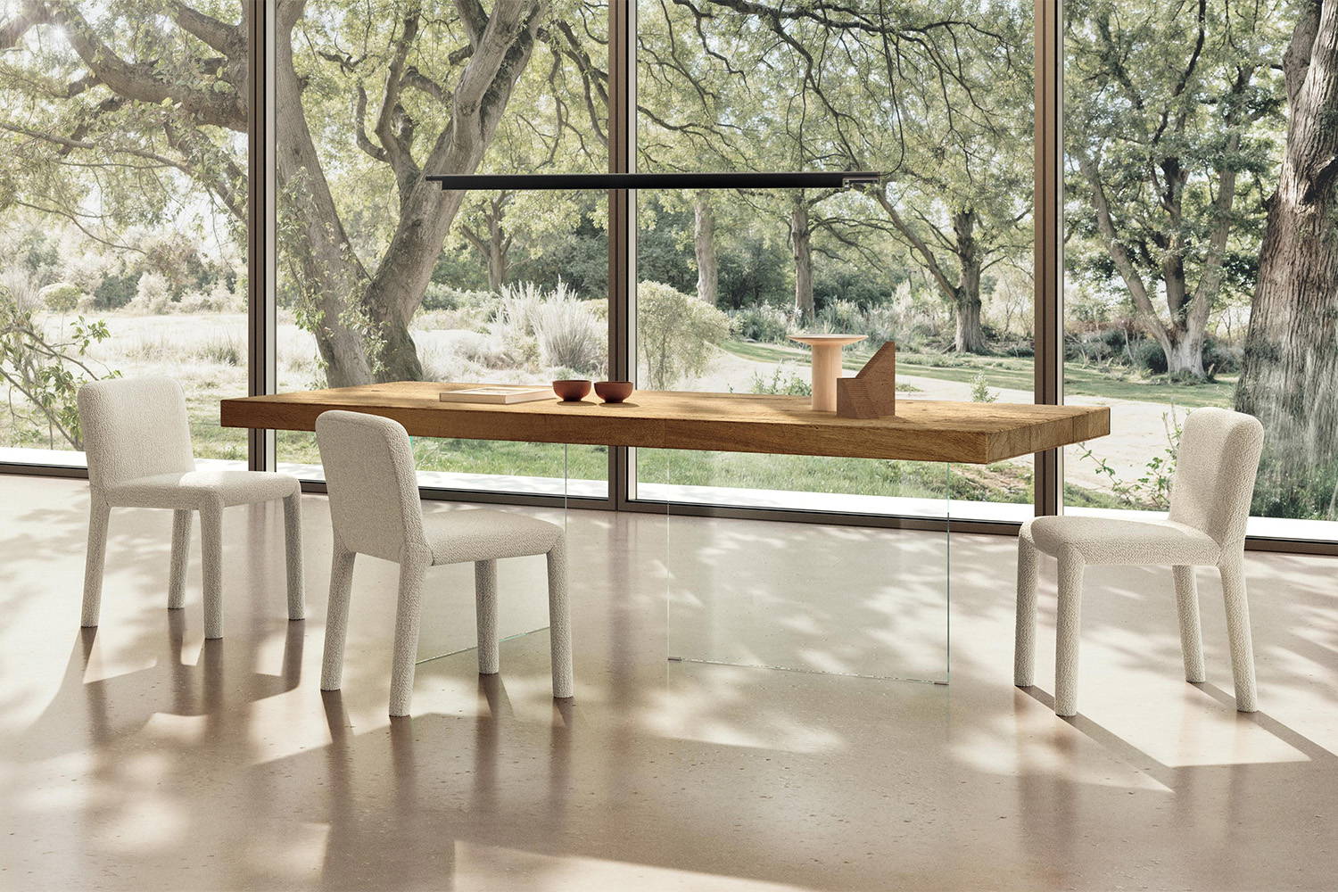 The Aqualta upholstered dining chair with the Air wood dining table.