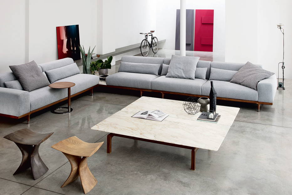 Argo sectional sofa with side table with Jok end table, Torii stool, and Quay coffee table by Porada