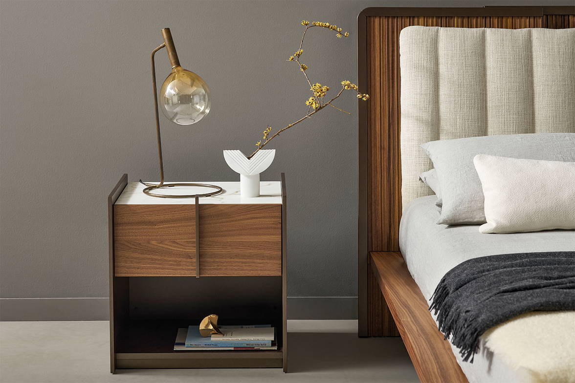 The Aureo Nightstand in Calacatta Macchia Vecchia Silk Ceramic. The Aureo Nightstand in Calacatta Macchia Vecchia Silk Ceramic.