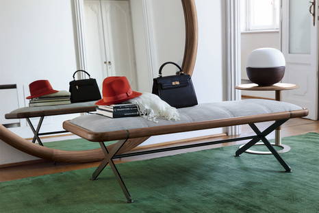 Axxia bench with Bolla table lamp, Jok end table, and Giove mirror by Porada