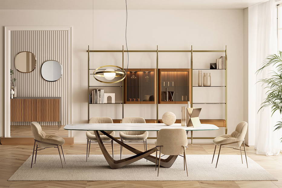 The Bach Ceramic Dining Table with Amelie dining chairs.