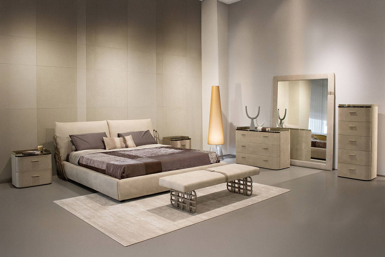 The Cocoon bed and mirror with the Baku casegood collection.