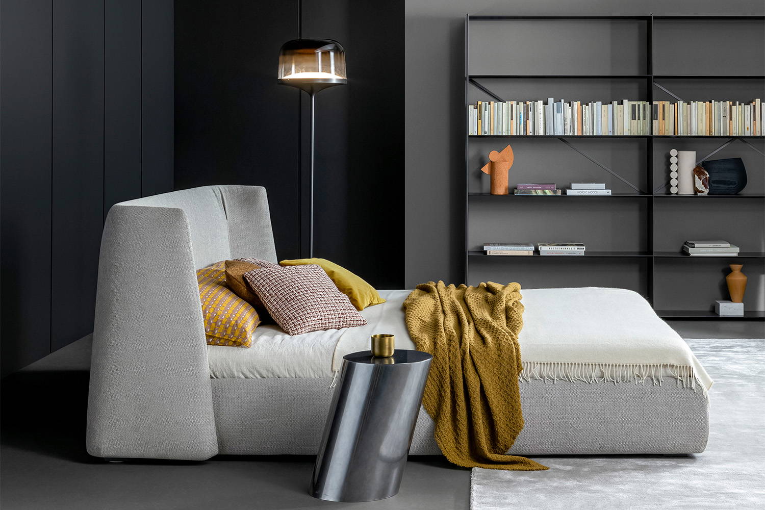 The Basket bed with the Pin floor lamp.