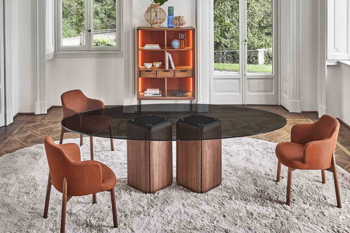Bay Double Pedestal Dining Table with oval smoked glass top. Bay Double Pedestal Dining Table with oval smoked glass top.