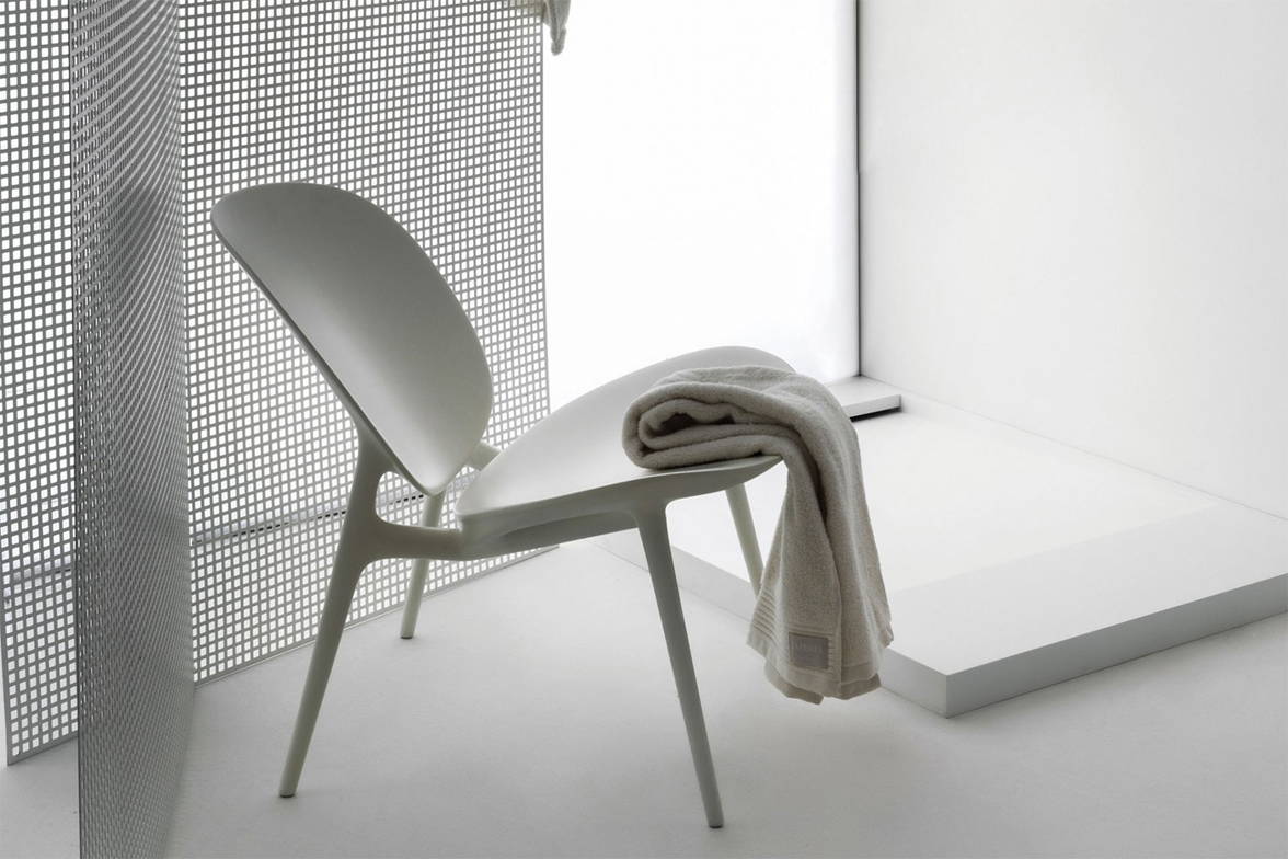 Be Bop Lounge Chair quickship in matte white finish in shower room Be Bop Lounge Chair quickship in matte white finish in shower room