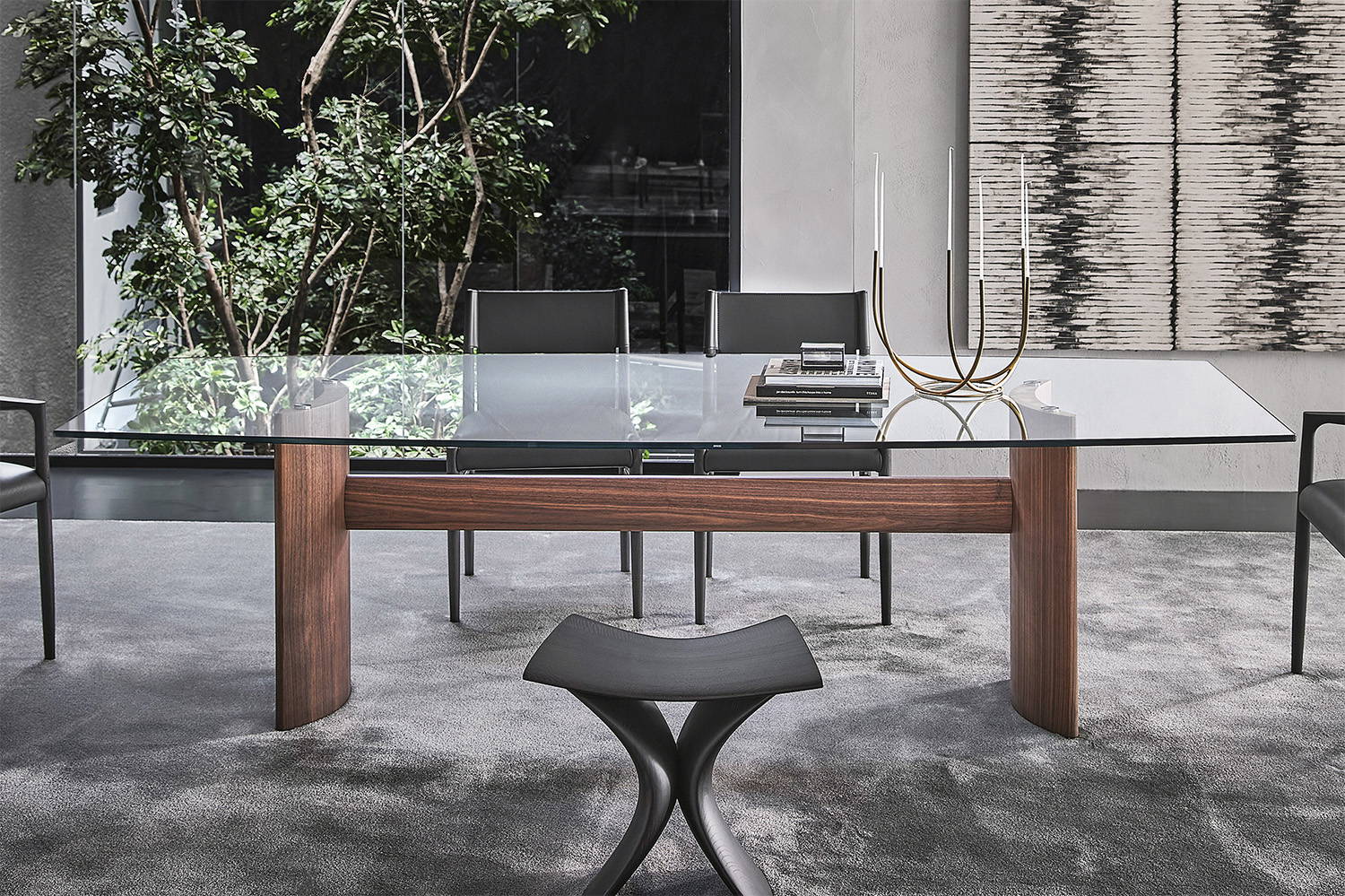 Beam double pedestal dining table with Ionis dining chairs and Torii stool by Porada