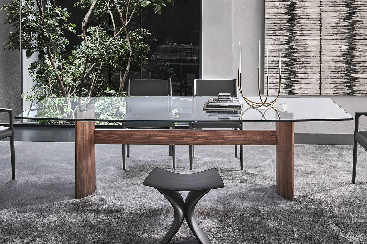 Beam double pedestal dining table with Ionis dining chairs and Torii stool by Porada Beam double pedestal dining table with Ionis dining chairs and Torii stool by Porada