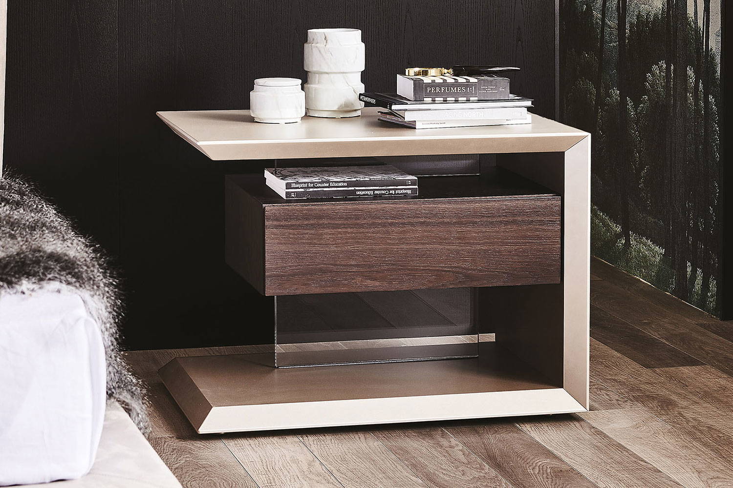 Biagio nightstand in Titanium finish with Burned Oak drawer