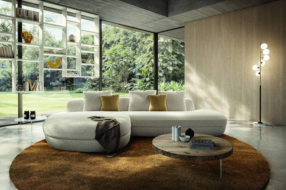 The Biza Sectional Sofa With Chaise and the Air round wood coffee table with the Air round end table.