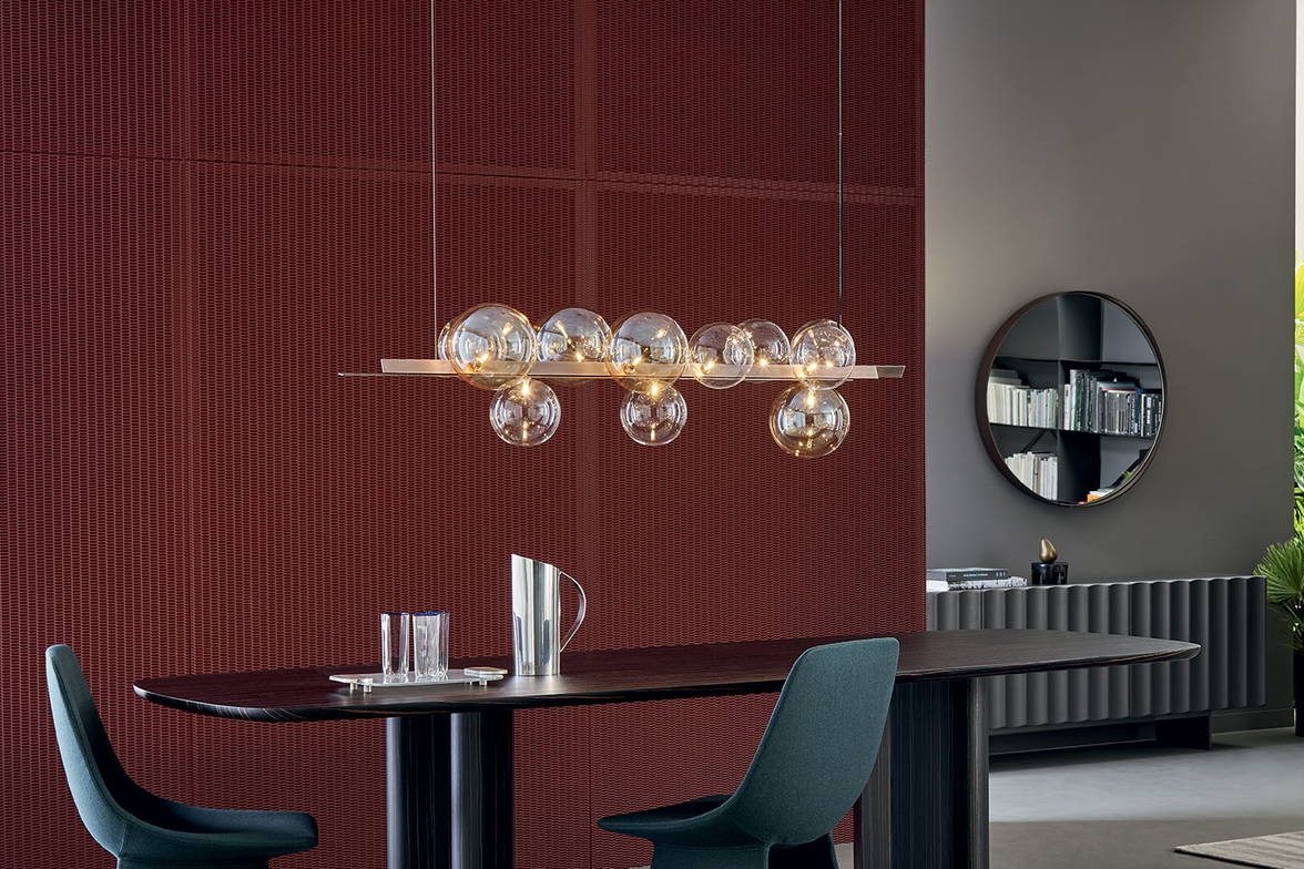 The Bon Ton suspension light with the Geometric dining table. The Bon Ton suspension light with the Geometric dining table.