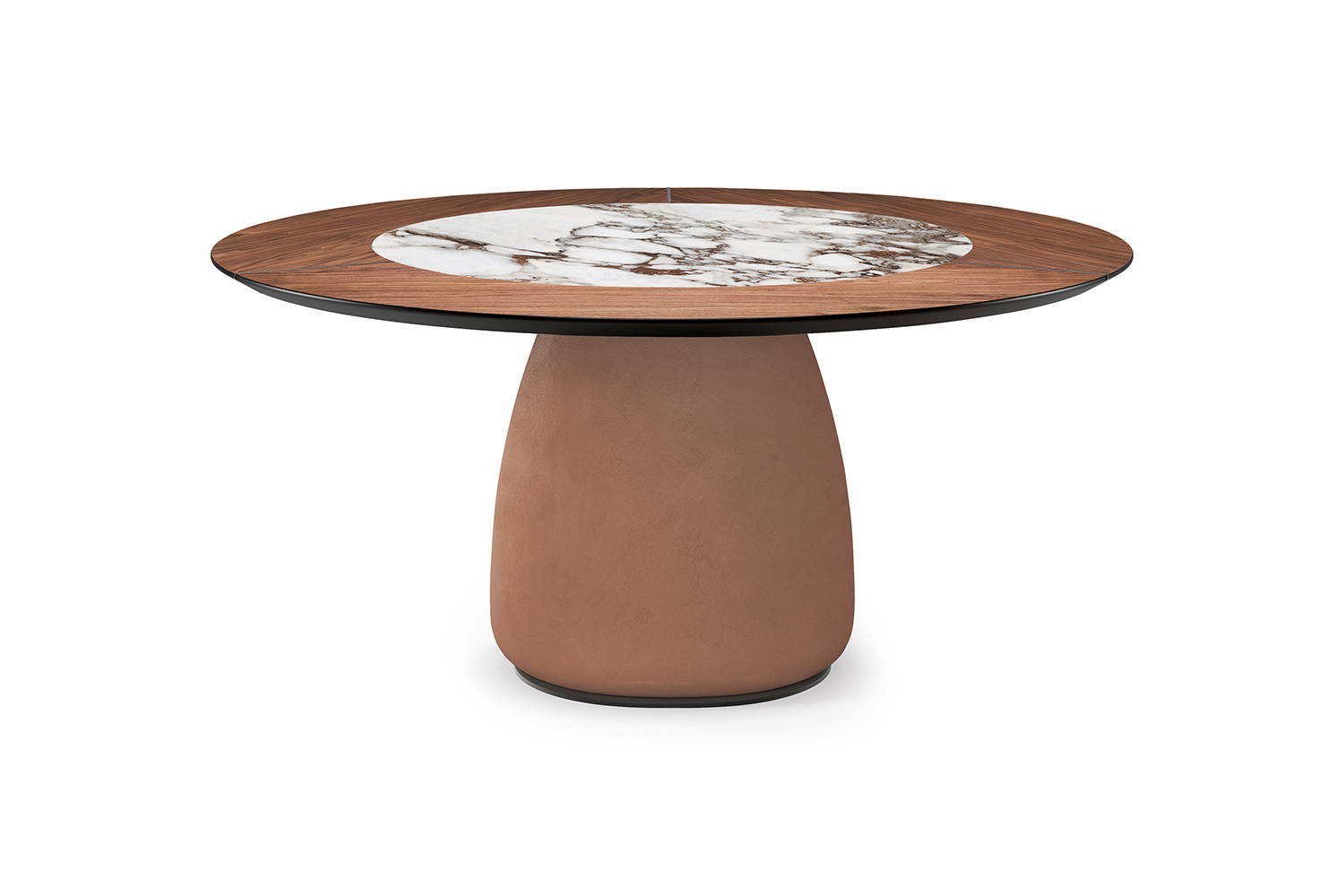 Botero Ker-Wood Dining Tables with AR11 Marrakech clay base, Canaletto Walnut top finish, and KM12 Breccia ceramic insert