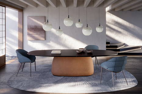 Botero Wood Dining Table with Camilla ML Dining Chairs, Sendai Rug, and Paris Pendant Lights