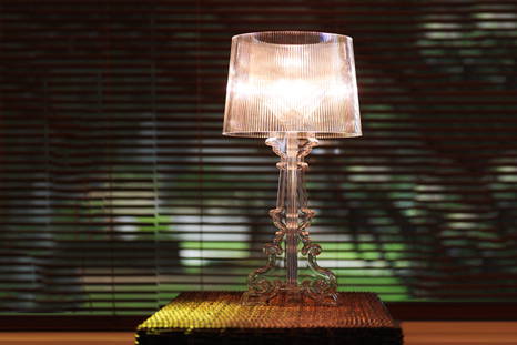 Bourgie Table Lamp quickship in crystal finish with light on