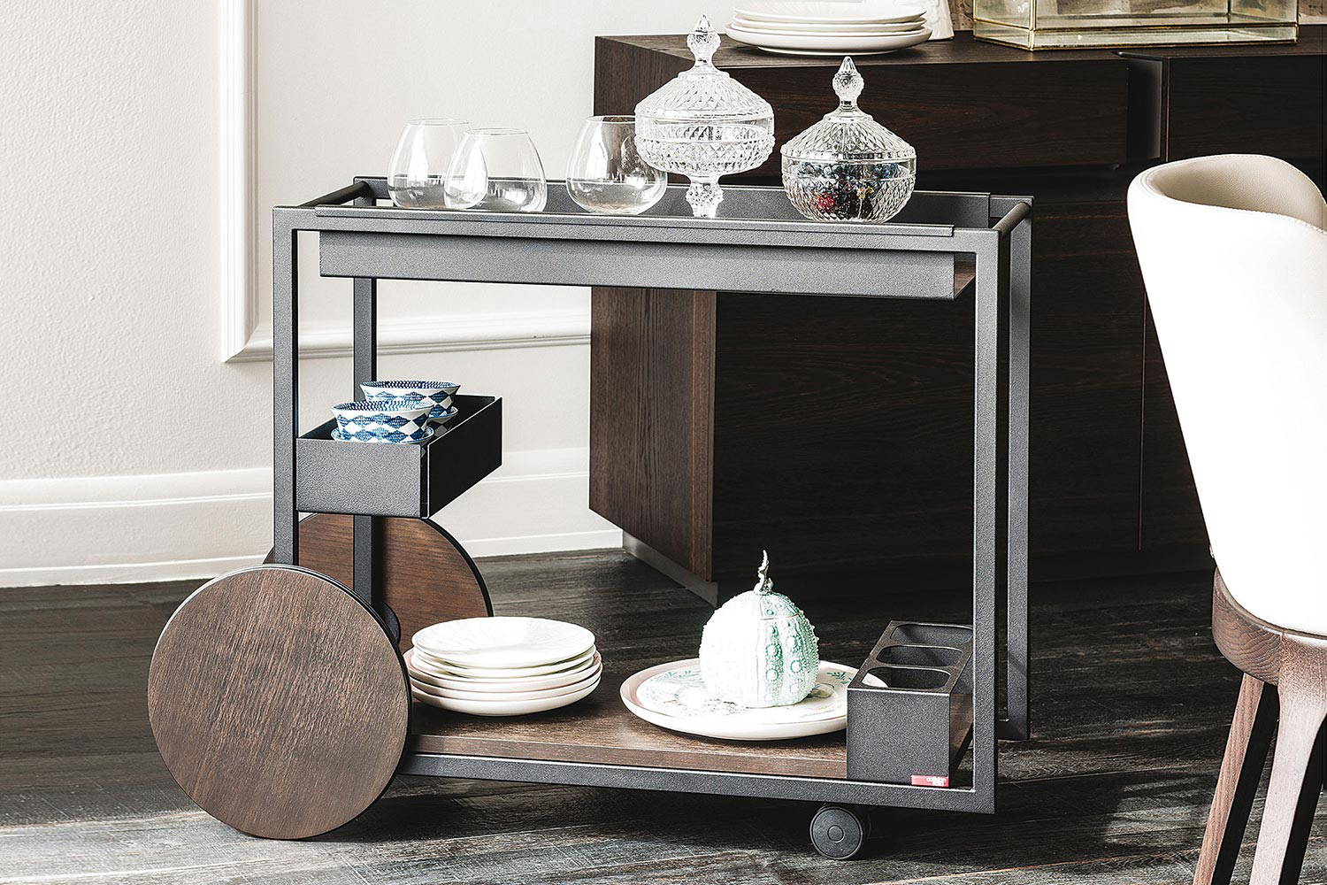 Brandy mobile bar with Burned Oak top by Cattelan Italia