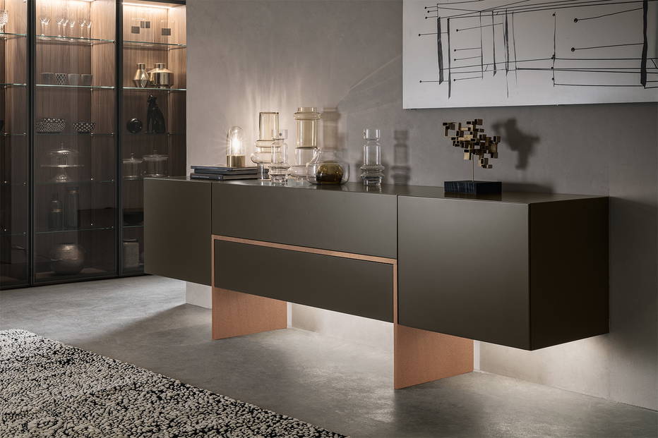 Bridge sideboard with matte lacquer and copper metal