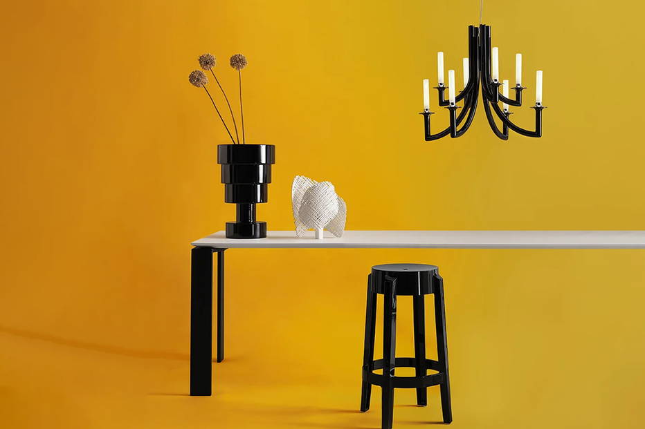 Calice Vase quickship with the Four dining table, Khan Chandelier, Tea Table Lamp, and Charles Ghost Stool (Set of 2)