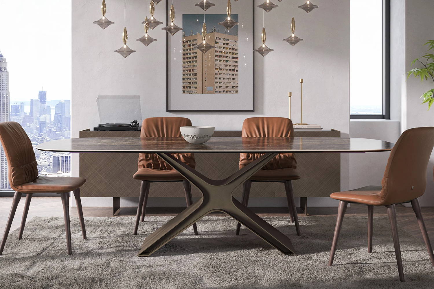 Calliope Dining Table in dining room with Coated Sideboard and Etoile Chandelier