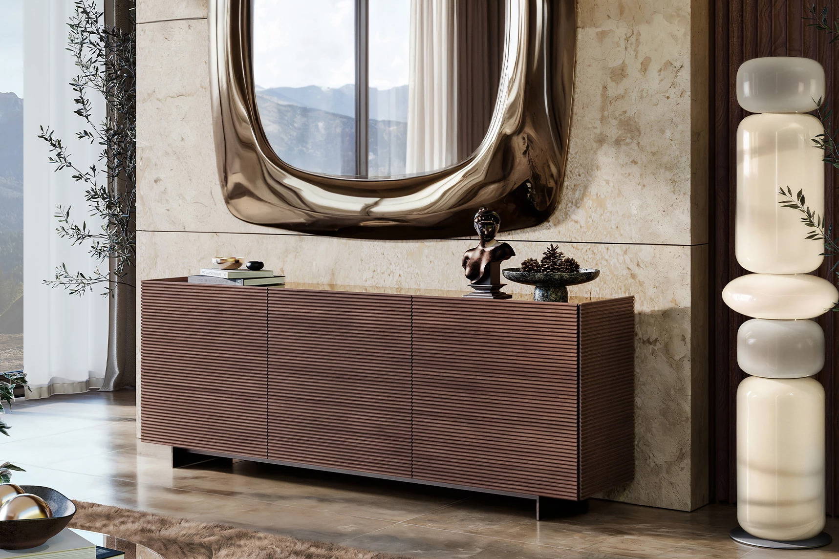 Cannè Sideboard with Vialattea Floor Lamp and Helios Mirror