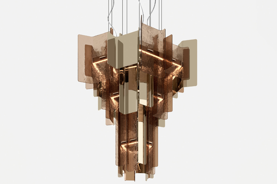 Cathedral Chandelier with fused bronze glass and champagne metal finishes