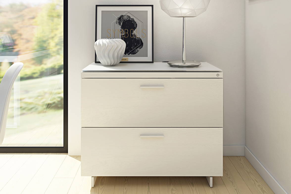 Centro 6416 lateral file cabinet finished in Satin White on Oak with Grey Frosted Glass
Centro 6416 lateral file cabinet finished in Satin White on Oak with Grey Frosted Glass