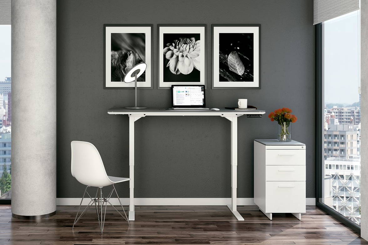 Centro 6451-2 lift desk set to the maximum height with optional 3-drawer cabinet Centro 6451-2 lift desk set to the maximum height with optional 3-drawer cabinet