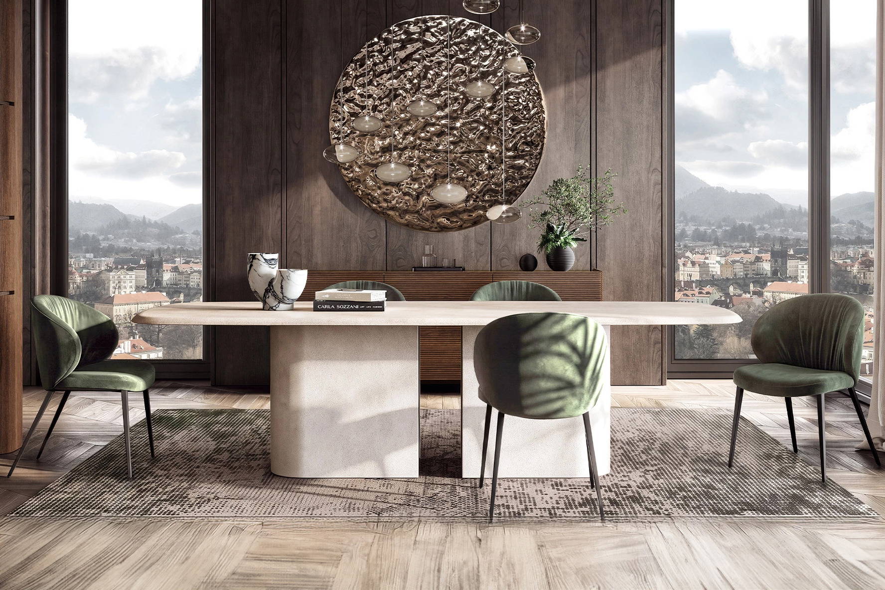 Chamotte Dining Table with Mezzaluna Dining Chairs, Cannè Sideboard, Andromeda Suspension Light, and Pixel Rug