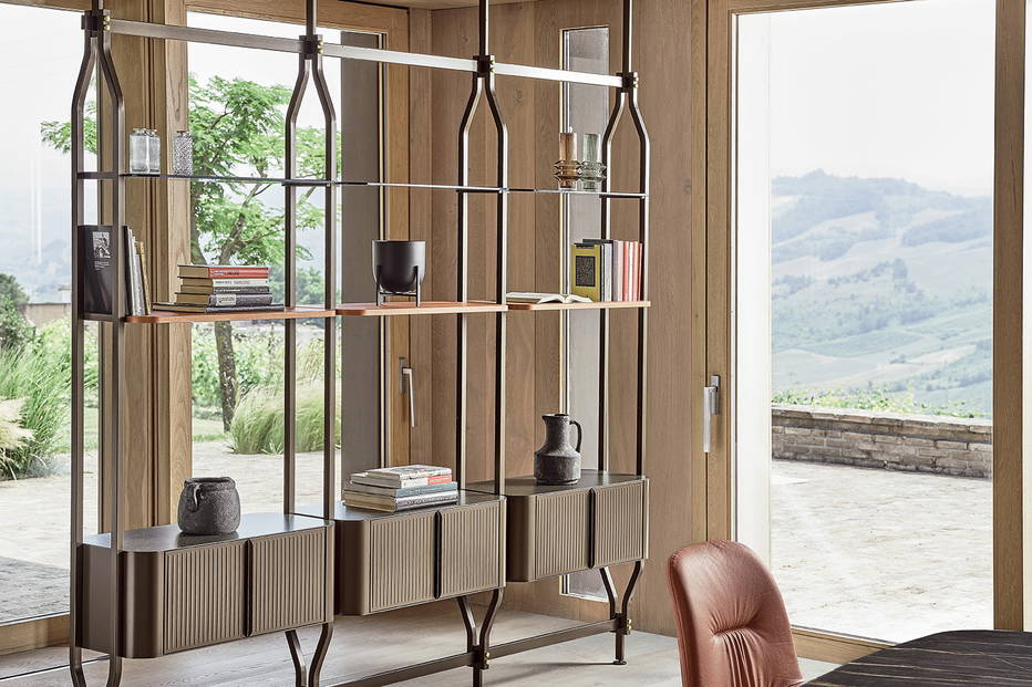 Charlotte medium bookshelf in composition B features three glass shelves, three wood shelves, and three metal storage units