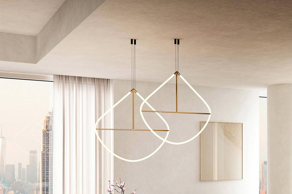 Two Chic pendant lights in satin-finished brass. Two Chic pendant lights in satin-finished brass.