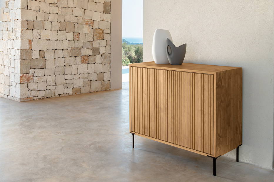 The 2 door version of the Chora sideboard in natural teak accoya wood.