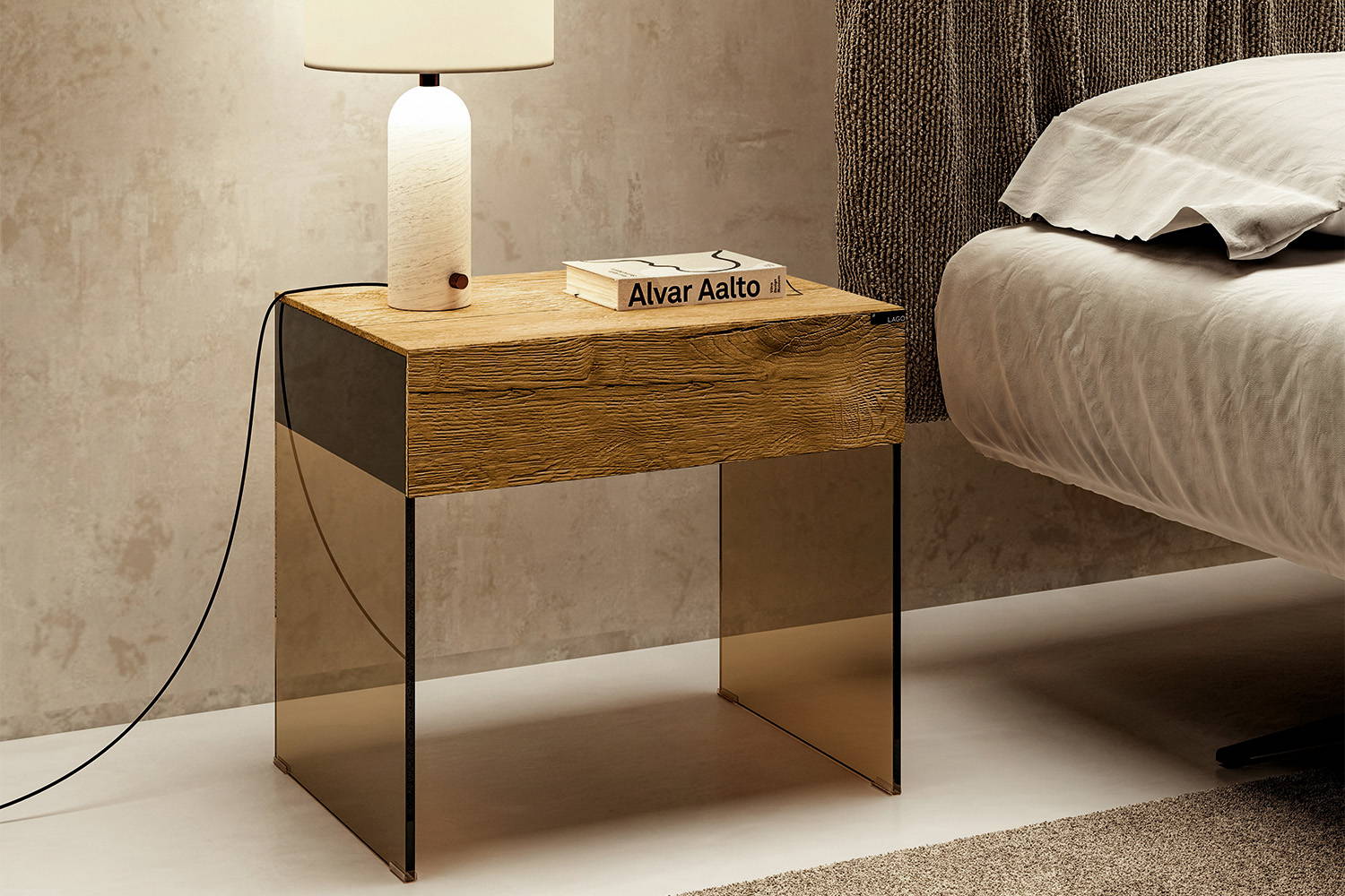 The Class 2123 Nightstand in a natural wildwood finish with smoked bronze glass base