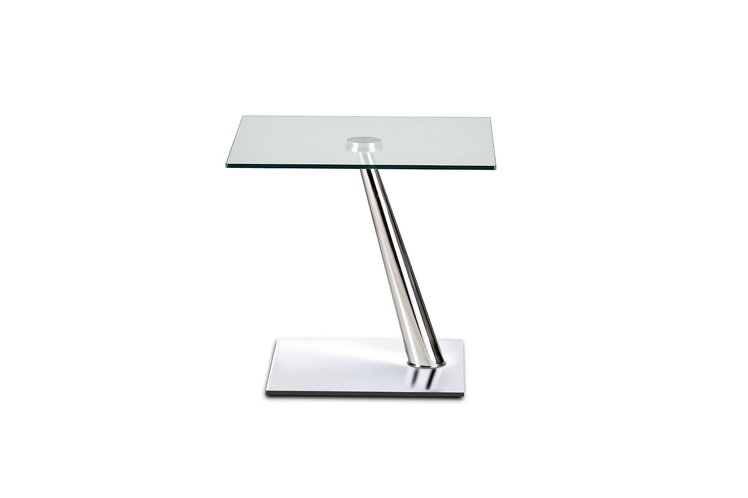 Clay end table by Naos (clear glass top, chrome supports, satin silver glass base)