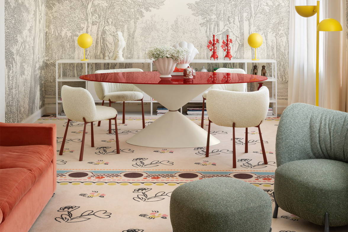 Clessidra Elliptical Dining Table with Charlotte floor lamp, Charlotte table lamp, Mys dining chairs, Mys armchair, and Mys ottoman Clessidra Elliptical Dining Table with Charlotte floor lamp, Charlotte table lamp, Mys dining chairs, Mys armchair, and Mys ottoman
